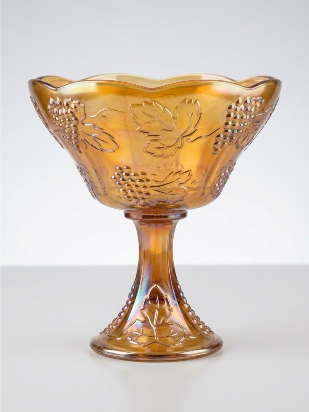 Indiana Glass Marigold Carnival Glass Harvest Grape Pedestal Compote Dish Bowl